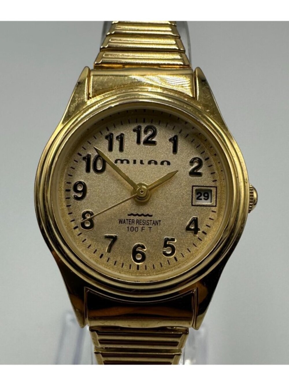 3/$30 Milan Watch Women Gold Tone Date Window Stretch Band New Battery 6.25 Inch